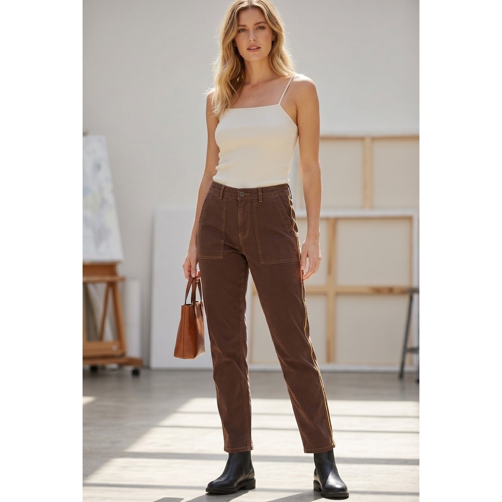 NILI LOTAN‎ Jenna Brown Side Stripe Raw Hem Utility Trousers USA Made Sz 6 $355